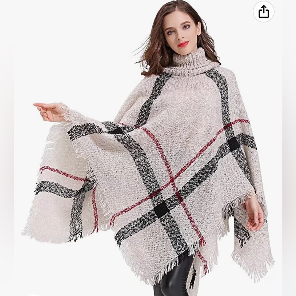Beige Turtleneck Sweater Poncho